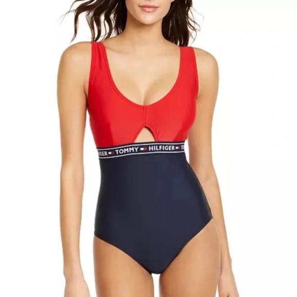 Tommy Hilfiger Women's Keyhole Logo Tape One Piece Swimsuit Large L - Picture 1 of 7